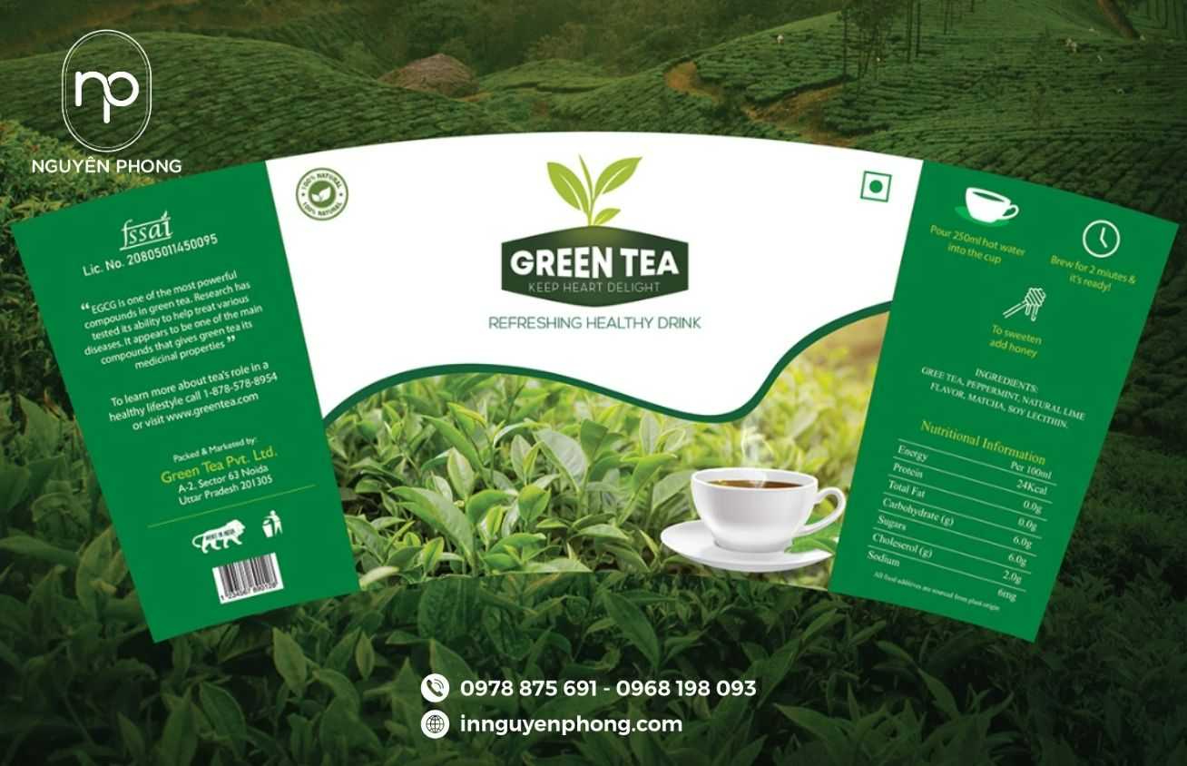 Mẫu tem nhãn bột trà xanh in đầy đủ thông tin chi tiết